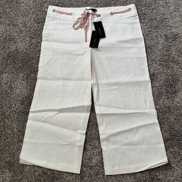 BCBG MaxAzria Linen Blend White Cropped Pants Ribbon Tie Women’s Size 10 NWT - Picture 1 of 10